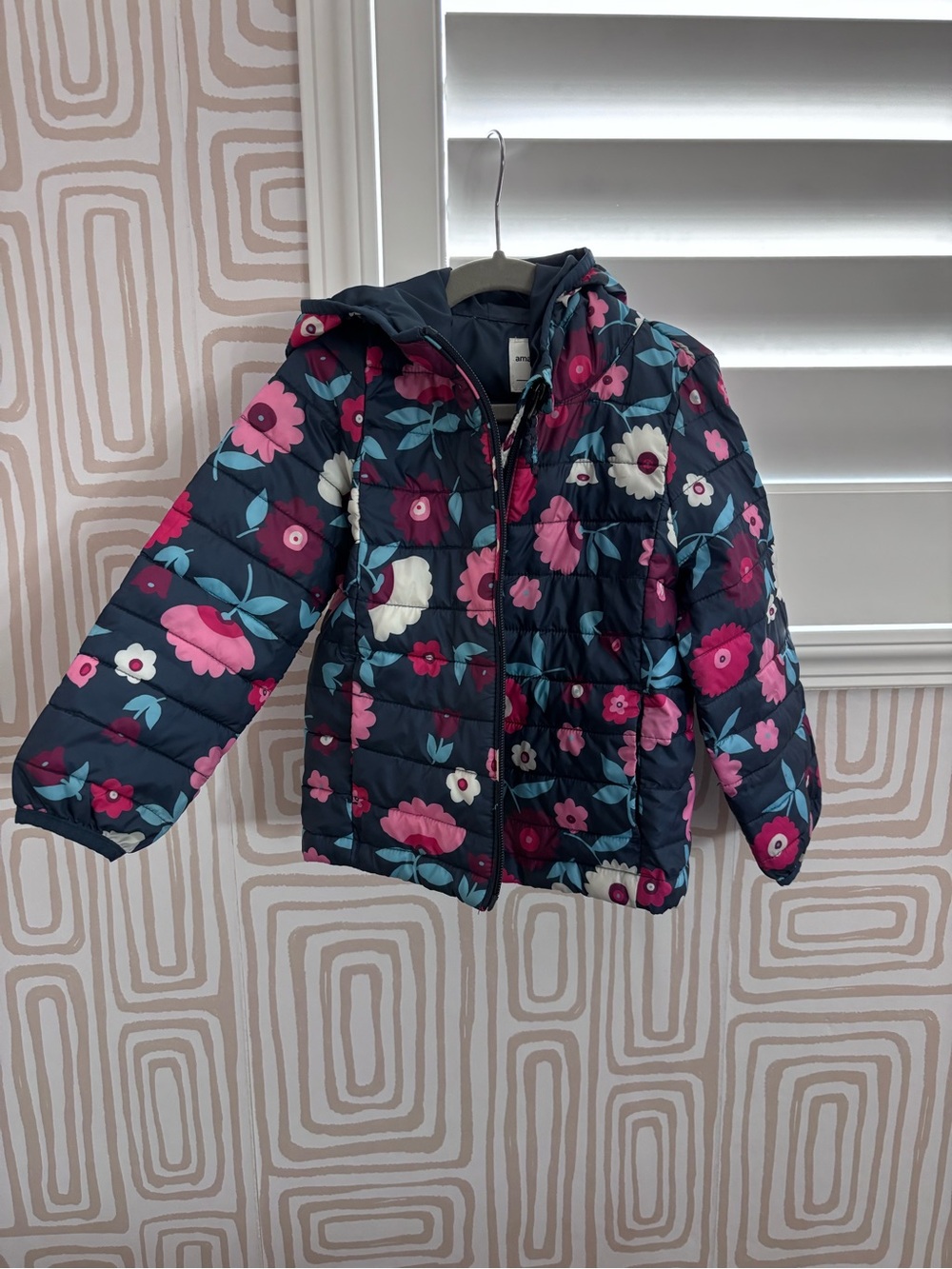 Amazon Essentials Navy Floral Puffer Jacket with Pink & White Flowers